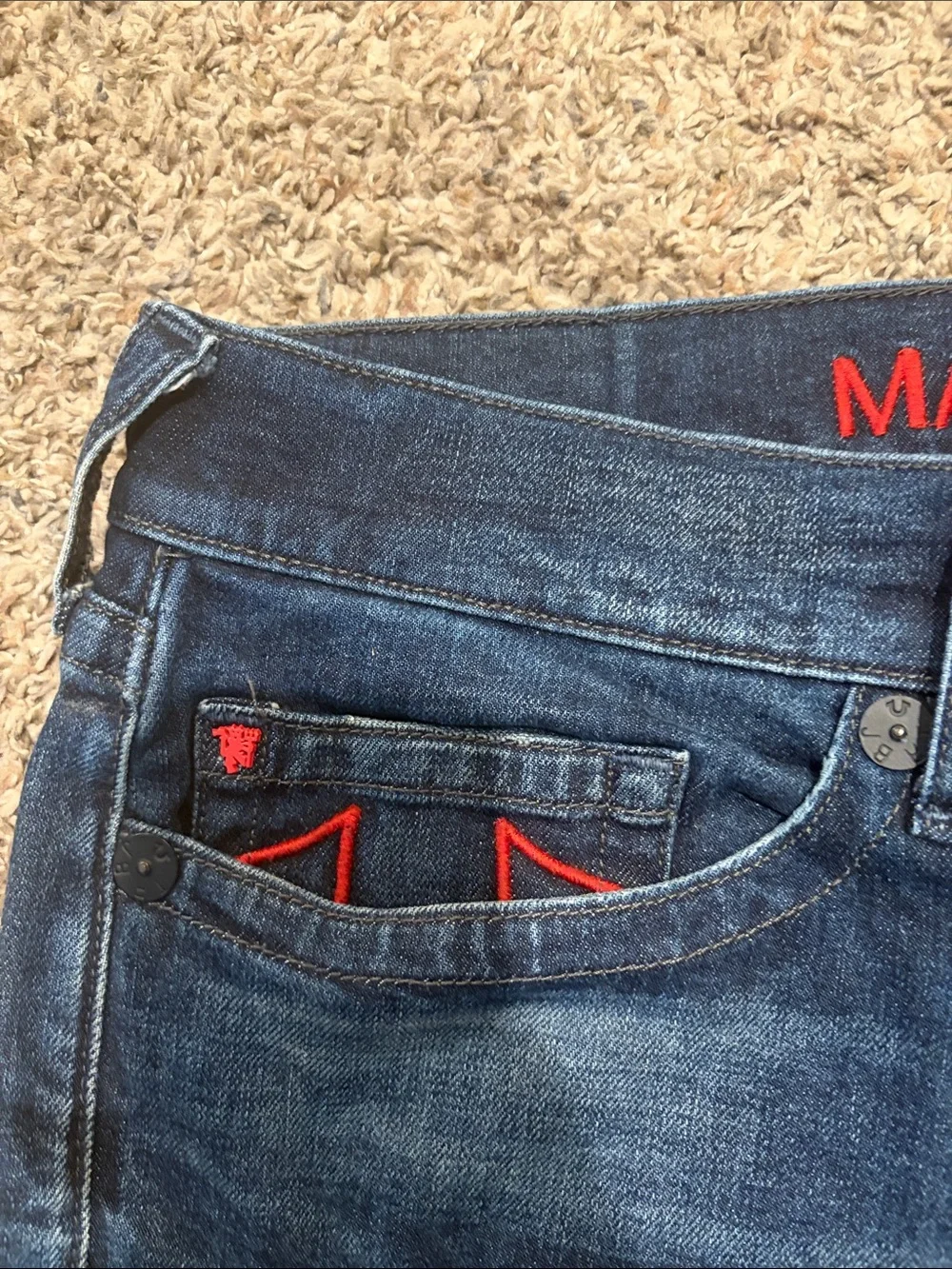 True Religion Men's Indigo Straight Jeans with Red Accent